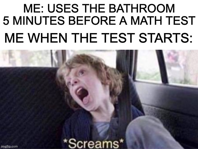 THE PAIN | ME: USES THE BATHROOM 5 MINUTES BEFORE A MATH TEST; ME WHEN THE TEST STARTS: | image tagged in memes,funny,funny memes,relatable | made w/ Imgflip meme maker