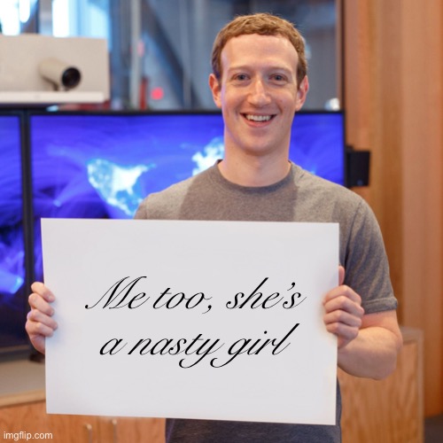 Mark Zuckerberg Blank Sign | Me too, she’s a nasty girl | image tagged in mark zuckerberg blank sign | made w/ Imgflip meme maker