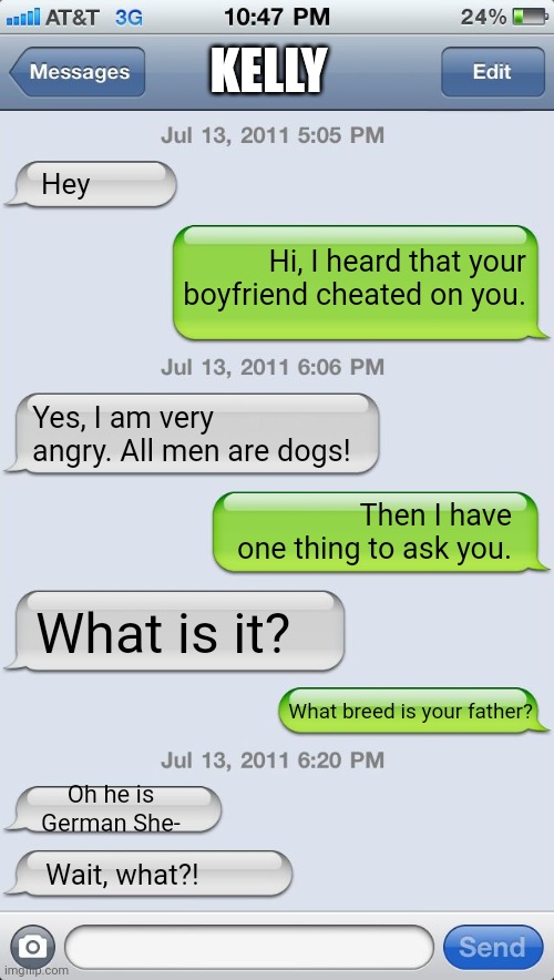 All mens are what? | KELLY; Hey; Hi, I heard that your boyfriend cheated on you. Yes, I am very angry. All men are dogs! Then I have one thing to ask you. What is it? What breed is your father? Oh he is German She-; Wait, what?! | image tagged in texting messages blank | made w/ Imgflip meme maker