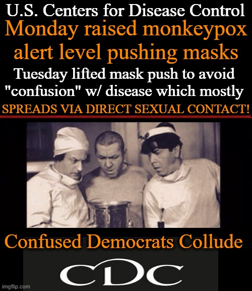 CDC uses masks to Control Americans through FEAR (but, OOPS, too much of a stretch EVEN FOR THEM)! | U.S. Centers for Disease Control; Monday raised monkeypox alert level pushing masks; Tuesday lifted mask push to avoid 
"confusion" w/ disease which mostly; SPREADS VIA DIRECT SEXUAL CONTACT! Confused Democrats Collude | image tagged in politics,cdc,monkeypox,control,confusion,fear | made w/ Imgflip meme maker