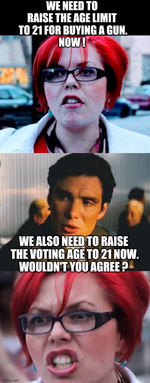 21 Adults |  WE NEED TO RAISE THE AGE LIMIT
 TO 21 FOR BUYING A GUN.
NOW ! WE ALSO NEED TO RAISE
 THE VOTING AGE TO 21 NOW.
WOULDN'T YOU AGREE ? | image tagged in liberals,leftists,democrats,vote2020,nra,congress | made w/ Imgflip meme maker