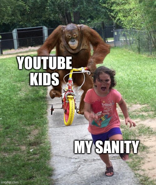 Orangutan chasing girl on a tricycle | YOUTUBE KIDS; MY SANITY | image tagged in orangutan chasing girl on a tricycle | made w/ Imgflip meme maker