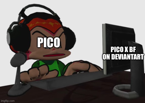 pico lookin at da computer like bruh | PICO X BF ON DEVIANTART; PICO | image tagged in pico lookin at da computer like bruh | made w/ Imgflip meme maker