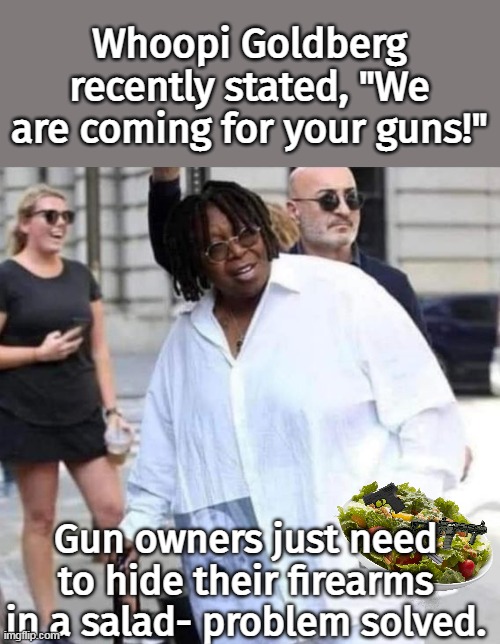 All gun laws are an infringement of our Constitutional rights. How 'bout we start taking yours away, liberals? | Whoopi Goldberg recently stated, "We are coming for your guns!"; Gun owners just need to hide their firearms in a salad- problem solved. | image tagged in 2nd amendment,traitors,criminals,democrat party | made w/ Imgflip meme maker