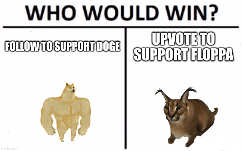 Who Would Win? | FOLLOW TO SUPPORT DOGE; UPVOTE TO SUPPORT FLOPPA | image tagged in memes,who would win,floppa,doge,follow,upvote | made w/ Imgflip meme maker