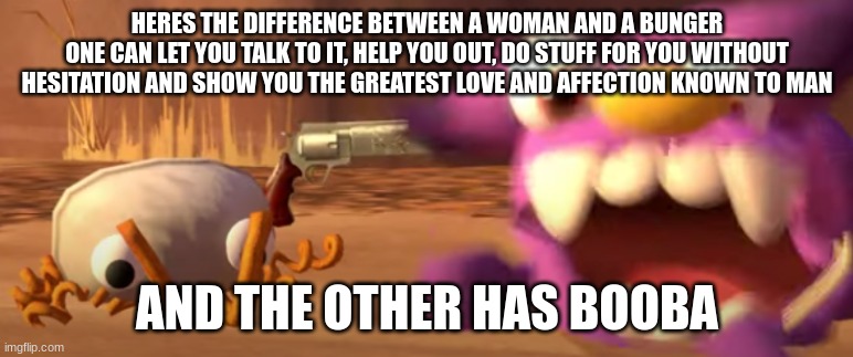 bunger finna pop beffica | HERES THE DIFFERENCE BETWEEN A WOMAN AND A BUNGER
ONE CAN LET YOU TALK TO IT, HELP YOU OUT, DO STUFF FOR YOU WITHOUT HESITATION AND SHOW YOU THE GREATEST LOVE AND AFFECTION KNOWN TO MAN; AND THE OTHER HAS BOOBA | image tagged in bunger finna pop beffica | made w/ Imgflip meme maker