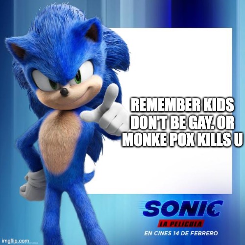 Movie Sonic Says | REMEMBER KIDS DON'T BE GAY. OR MONKE POX KILLS U | image tagged in movie sonic says | made w/ Imgflip meme maker