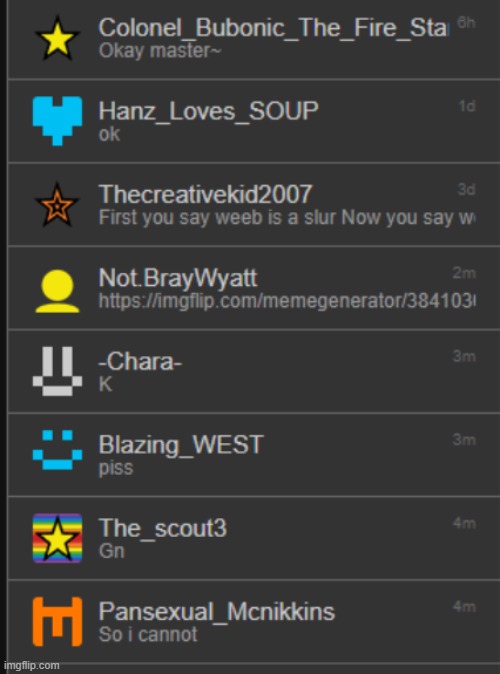 all of my memechat chats in this account (don't ask about the chat with Bubonic) | made w/ Imgflip meme maker