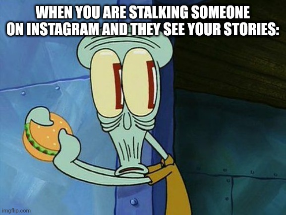 Oh shit Squidward | WHEN YOU ARE STALKING SOMEONE ON INSTAGRAM AND THEY SEE YOUR STORIES: | image tagged in oh shit squidward | made w/ Imgflip meme maker