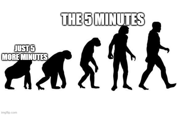 5 minutes | THE 5 MINUTES; JUST 5 MORE MINUTES | image tagged in human evolution | made w/ Imgflip meme maker