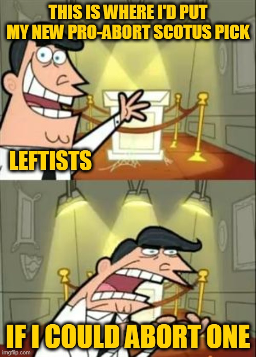This Is Where I'd Put My Trophy If I Had One | THIS IS WHERE I'D PUT MY NEW PRO-ABORT SCOTUS PICK; LEFTISTS; IF I COULD ABORT ONE | image tagged in memes,this is where i'd put my trophy if i had one | made w/ Imgflip meme maker
