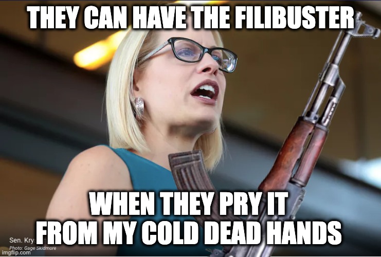 THEY CAN HAVE THE FILIBUSTER; WHEN THEY PRY IT FROM MY COLD DEAD HANDS | image tagged in memes,kyrsten sinema,nra,gop,gun proliferation,filibuster | made w/ Imgflip meme maker