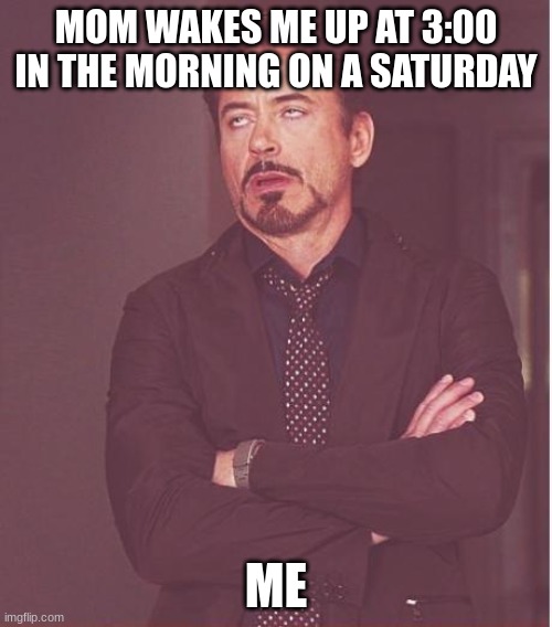 mom wakes me up | MOM WAKES ME UP AT 3:00 IN THE MORNING ON A SATURDAY; ME | image tagged in memes,face you make robert downey jr | made w/ Imgflip meme maker