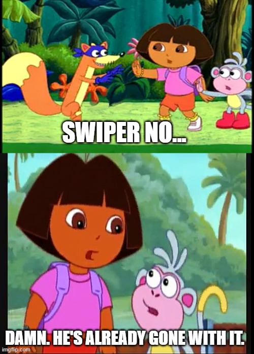 Meme Acquisition Notification (GenZ Edition) | SWIPER NO... DAMN. HE'S ALREADY GONE WITH IT. | image tagged in swiper no swiping | made w/ Imgflip meme maker