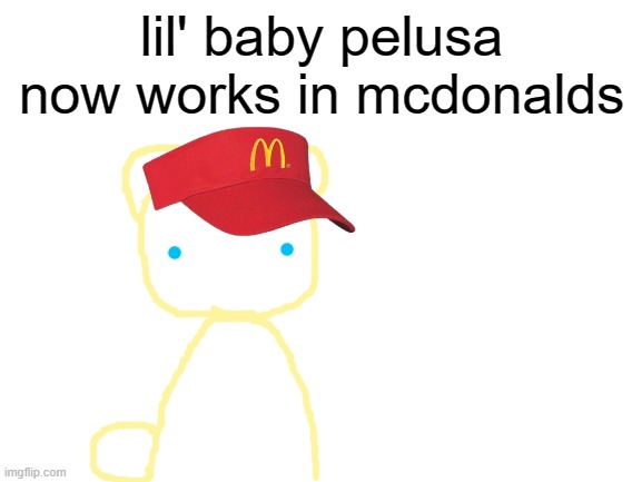 I'm gonna make a version of my childs as workers in McDonalds :> | lil' baby pelusa now works in mcdonalds | image tagged in blank white template | made w/ Imgflip meme maker
