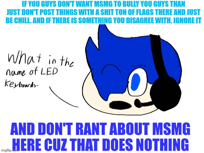 I'm just telling you guys if you do this bullying will stop | IF YOU GUYS DON'T WANT MSMG TO BULLY YOU GUYS THAN JUST DON'T POST THINGS WITH A SHIT TON OF FLAGS THERE AND JUST BE CHILL. AND IF THERE IS SOMETHING YOU DISAGREE WITH. IGNORE IT; AND DON'T RANT ABOUT MSMG HERE CUZ THAT DOES NOTHING | image tagged in what in the name of led keyboards- | made w/ Imgflip meme maker