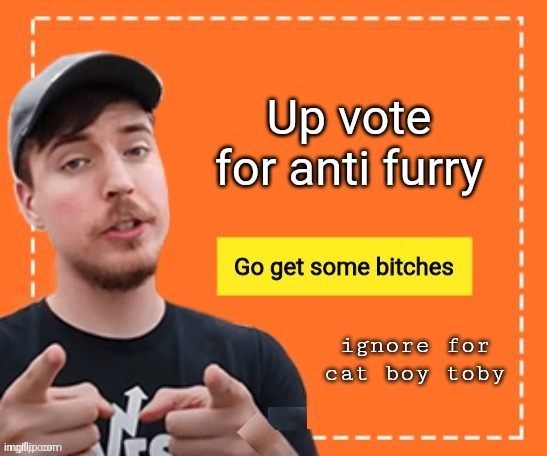 I just want up votes bruh I'm bored | Up vote for anti furry; ignore for cat boy toby | image tagged in mr beast | made w/ Imgflip meme maker