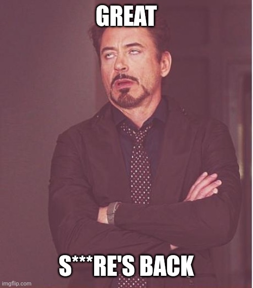 Fun, no more spire memes | GREAT; S***RE'S BACK | image tagged in memes,face you make robert downey jr | made w/ Imgflip meme maker