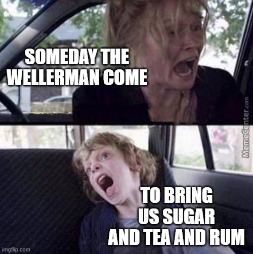 Enjoy your earworm | SOMEDAY THE WELLERMAN COME; TO BRING US SUGAR AND TEA AND RUM | image tagged in why can't you just be normal blank | made w/ Imgflip meme maker