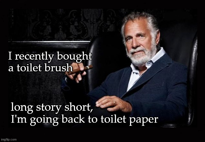 I recently bought a toilet brush ... | I recently bought 
a toilet brush; long story short, 
I'm going back to toilet paper | image tagged in the most interesting man in the world | made w/ Imgflip meme maker