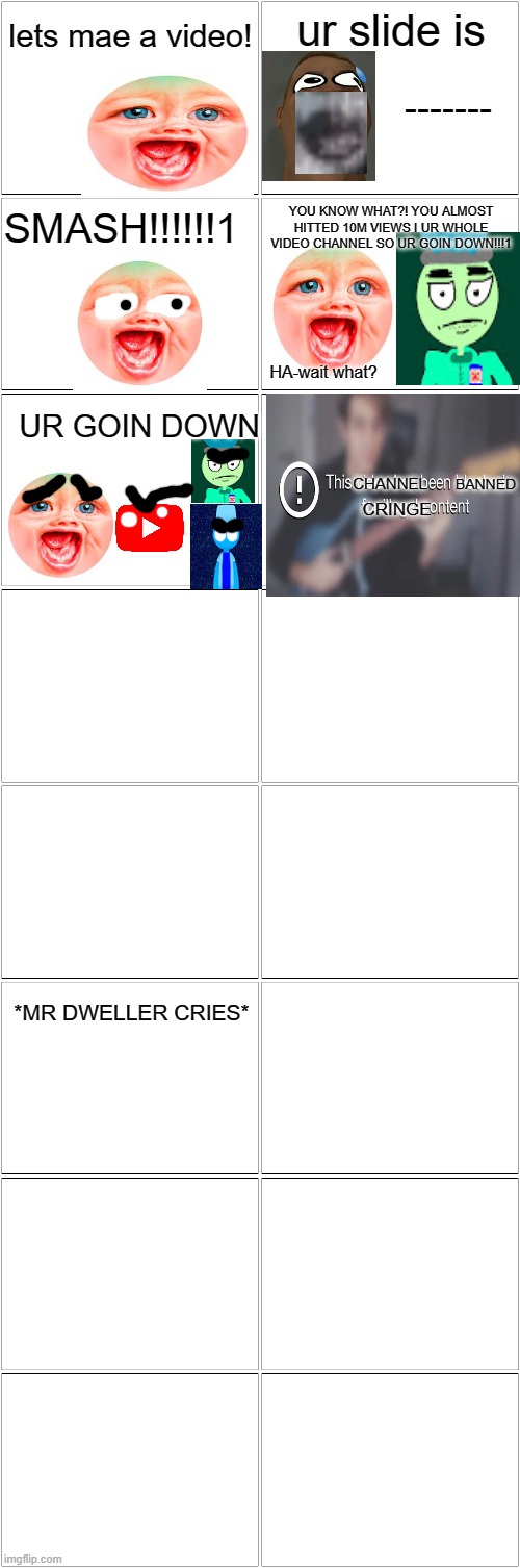 Blank Comic Panel 2x8 | lets mae a video! ur slide is; -------; YOU KNOW WHAT?! YOU ALMOST HITTED 10M VIEWS I UR WHOLE VIDEO CHANNEL SO UR GOIN DOWN!!!1; SMASH!!!!!!1; HA-wait what? UR GOIN DOWN; BANNED; CHANNEL; CRINGE; *MR DWELLER CRIES* | image tagged in blank comic panel 2x8 | made w/ Imgflip meme maker
