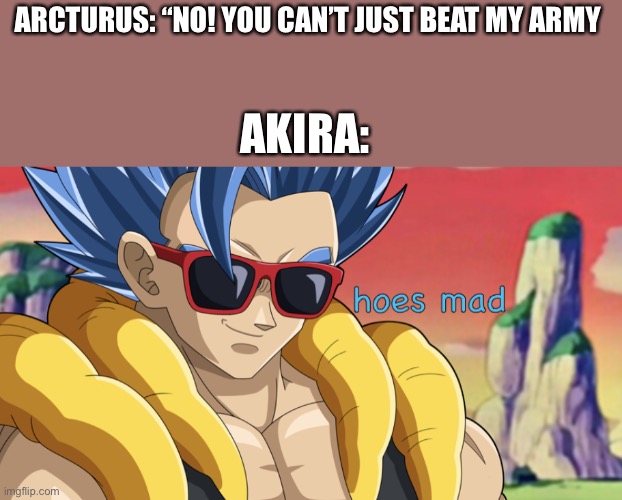 Gogeta my fav character | ARCTURUS: “NO! YOU CAN’T JUST BEAT MY ARMY; AKIRA: | image tagged in hoes mad gogeta | made w/ Imgflip meme maker