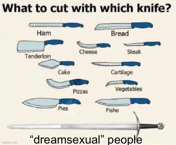 DIE | “dreamsexual” people | image tagged in what to cut with which knife | made w/ Imgflip meme maker