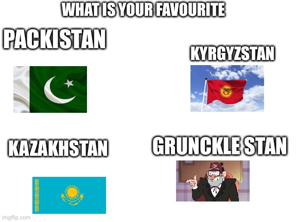 Blank White Template | WHAT IS YOUR FAVOURITE; PACKISTAN; KYRGYZSTAN; KAZAKHSTAN; GRUNCKLE STAN | image tagged in blank white template | made w/ Imgflip meme maker