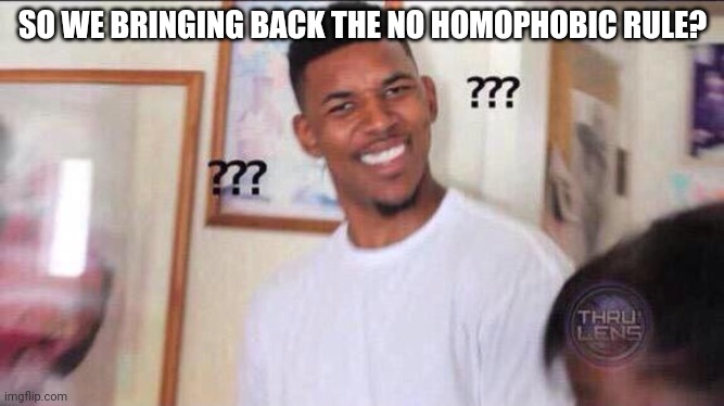 Black guy confused | SO WE BRINGING BACK THE NO HOMOPHOBIC RULE? | image tagged in black guy confused | made w/ Imgflip meme maker