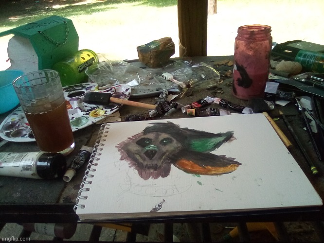 painting setup. chaos n brushes everywhere LMAO | made w/ Imgflip meme maker