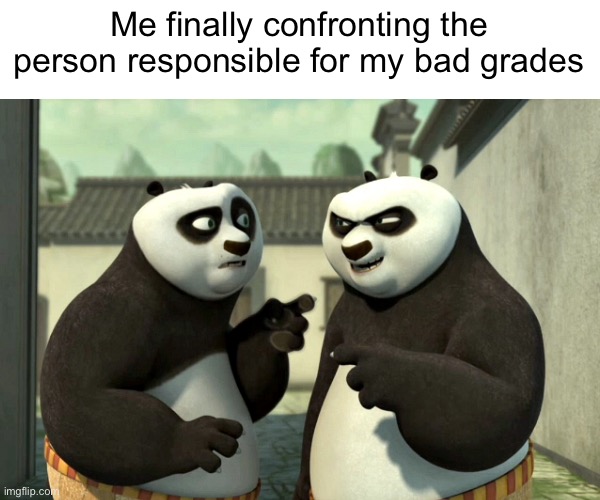 Another panda |  Me finally confronting the person responsible for my bad grades | image tagged in funny,memes,relatable,school,kung fu panda,fun | made w/ Imgflip meme maker
