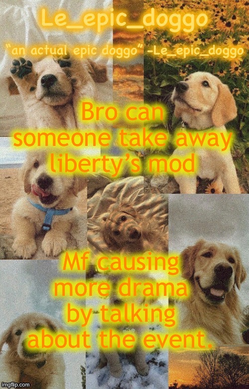 Doggo temp by doggo. Wait what that’s confusing | Bro can someone take away liberty’s mod; Mf causing more drama by talking about the event. | image tagged in doggo temp by doggo wait what that s confusing | made w/ Imgflip meme maker
