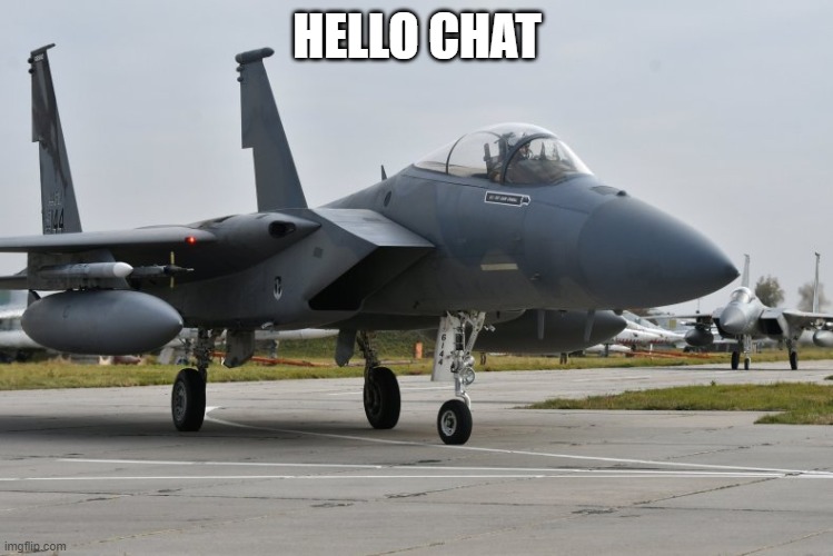 still coughing | HELLO CHAT | image tagged in f-15 eagle | made w/ Imgflip meme maker