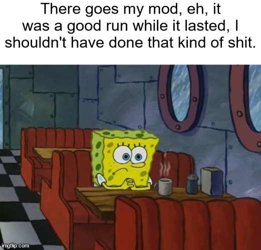 wow, look, a user that can cope. | There goes my mod, eh, it was a good run while it lasted, I shouldn't have done that kind of shit. | made w/ Imgflip meme maker