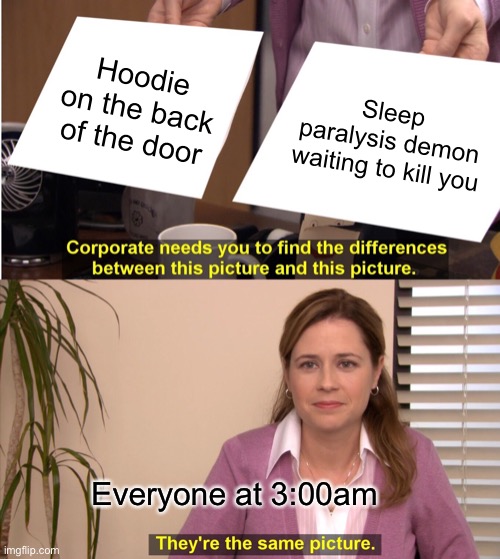 They're The Same Picture | Hoodie on the back of the door; Sleep paralysis demon waiting to kill you; Everyone at 3:00am | image tagged in memes,they're the same picture | made w/ Imgflip meme maker