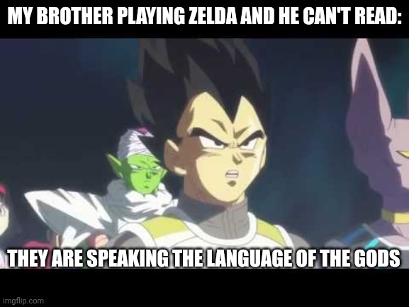 he's speaking the language of gods | MY BROTHER PLAYING ZELDA AND HE CAN'T READ:; THEY ARE SPEAKING THE LANGUAGE OF THE GODS | image tagged in he's speaking the language of gods | made w/ Imgflip meme maker