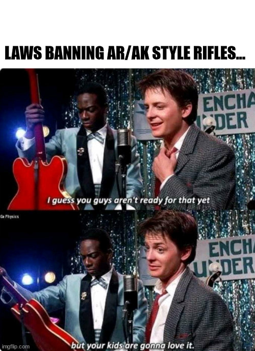 but your kids are gonna love it | LAWS BANNING AR/AK STYLE RIFLES... | image tagged in but your kids are gonna love it | made w/ Imgflip meme maker