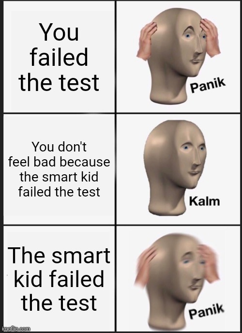 Panik Kalm Panik Meme | You failed the test; You don't feel bad because the smart kid failed the test; The smart kid failed the test | image tagged in memes,panik kalm panik | made w/ Imgflip meme maker