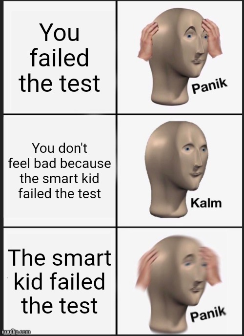 Panik Kalm Panik | You failed the test; You don't feel bad because the smart kid failed the test; The smart kid failed the test | image tagged in memes,panik kalm panik | made w/ Imgflip meme maker