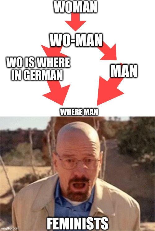 WOMAN; WO-MAN; WO IS WHERE IN GERMAN; MAN; WHERE MAN; FEMINISTS | image tagged in blank white template,walter white | made w/ Imgflip meme maker