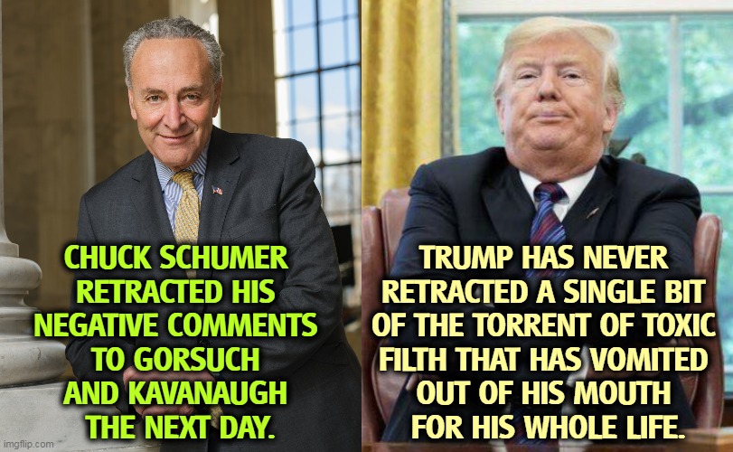 Schumer is a gentleman. Trump is human garbage. | CHUCK SCHUMER 
RETRACTED HIS 
NEGATIVE COMMENTS 
TO GORSUCH 
AND KAVANAUGH 
THE NEXT DAY. TRUMP HAS NEVER 
RETRACTED A SINGLE BIT 
OF THE TORRENT OF TOXIC 
FILTH THAT HAS VOMITED 
OUT OF HIS MOUTH 
FOR HIS WHOLE LIFE. | image tagged in chuck schumer,gentleman,trump,human,garbage | made w/ Imgflip meme maker