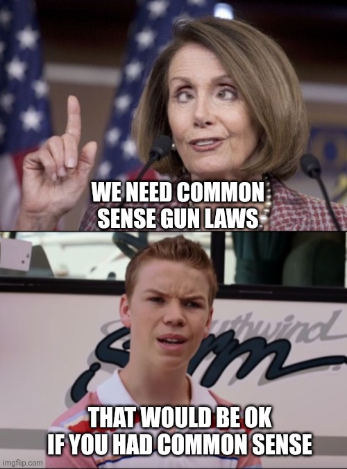 WE NEED COMMON SENSE GUN LAWS; THAT WOULD BE OK IF YOU HAD COMMON SENSE | image tagged in nancy pelosi,you guys are getting paid | made w/ Imgflip meme maker