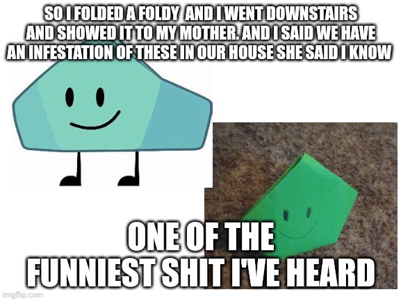 Bruh | SO I FOLDED A FOLDY  AND I WENT DOWNSTAIRS AND SHOWED IT TO MY MOTHER. AND I SAID WE HAVE AN INFESTATION OF THESE IN OUR HOUSE SHE SAID I KNOW; ONE OF THE FUNNIEST SHIT I'VE HEARD | image tagged in bfb | made w/ Imgflip meme maker