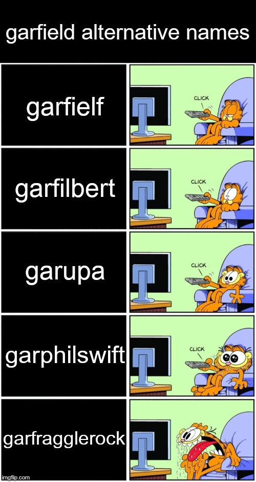 Garfield reaction | garfield alternative names; garfielf; garfilbert; garupa; garphilswift; garfragglerock | image tagged in garfield reaction,garfield | made w/ Imgflip meme maker