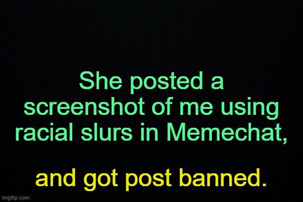 . | She posted a screenshot of me using racial slurs in Memechat, and got post banned. | image tagged in the black | made w/ Imgflip meme maker