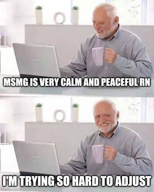 Hide the Pain Harold Meme | MSMG IS VERY CALM AND PEACEFUL RN; I'M TRYING SO HARD TO ADJUST | image tagged in memes,hide the pain harold | made w/ Imgflip meme maker