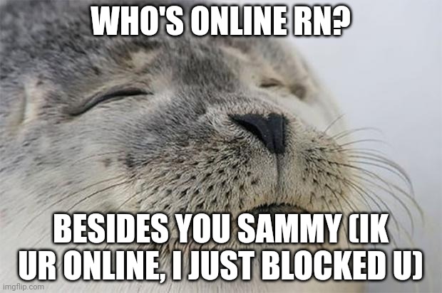 Satisfied Seal | WHO'S ONLINE RN? BESIDES YOU SAMMY (IK UR ONLINE, I JUST BLOCKED U) | image tagged in memes,satisfied seal | made w/ Imgflip meme maker
