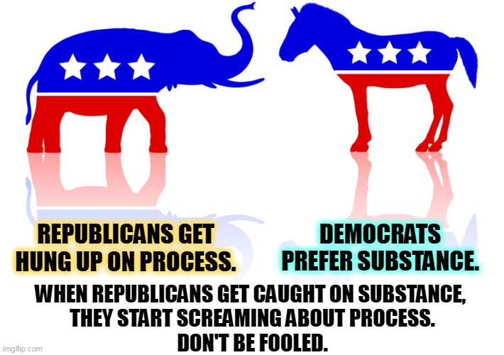 Don't let the "how" or the "who" obscure the "what." | REPUBLICANS GET HUNG UP ON PROCESS. DEMOCRATS PREFER SUBSTANCE. WHEN REPUBLICANS GET CAUGHT ON SUBSTANCE, 
THEY START SCREAMING ABOUT PROCESS.
DON'T BE FOOLED. | image tagged in republicans,waste,democrats,purpose | made w/ Imgflip meme maker