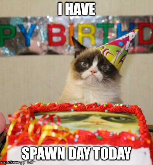 I am turning {REDACTED} | I HAVE; SPAWN DAY TODAY | image tagged in memes,grumpy cat birthday,grumpy cat | made w/ Imgflip meme maker