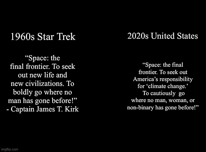 blank black | 2020s United States; 1960s Star Trek; “Space: the final frontier. To seek out America’s responsibility for ‘climate change.’  To cautiously  go where no man, woman, or non-binary has gone before!”; “Space: the final frontier. To seek out new life and new civilizations. To boldly go where no man has gone before!” - Captain James T. Kirk | image tagged in blank black,star trek | made w/ Imgflip meme maker